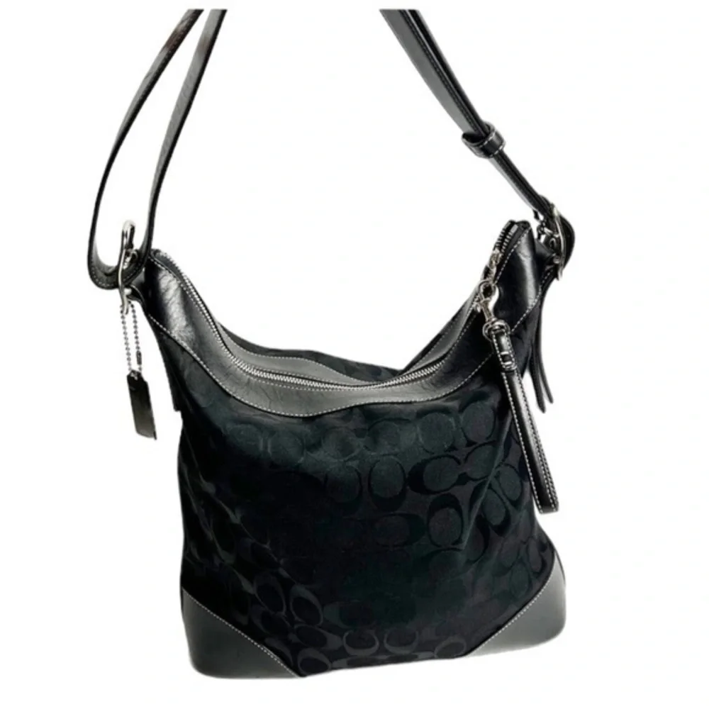 Coach Black Signature Canvas & Leather Hobo Shoulder Bag Purse - Picture 1 of 5